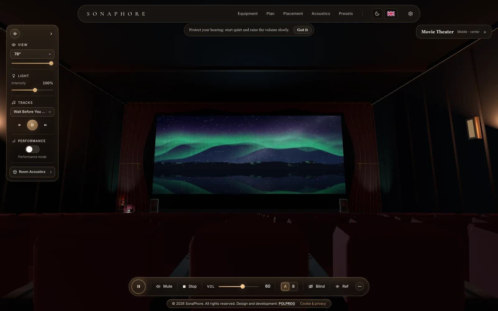 SonaPhore listening room in first person: a cinema room with speakers either side of the screen and the playback bar below.