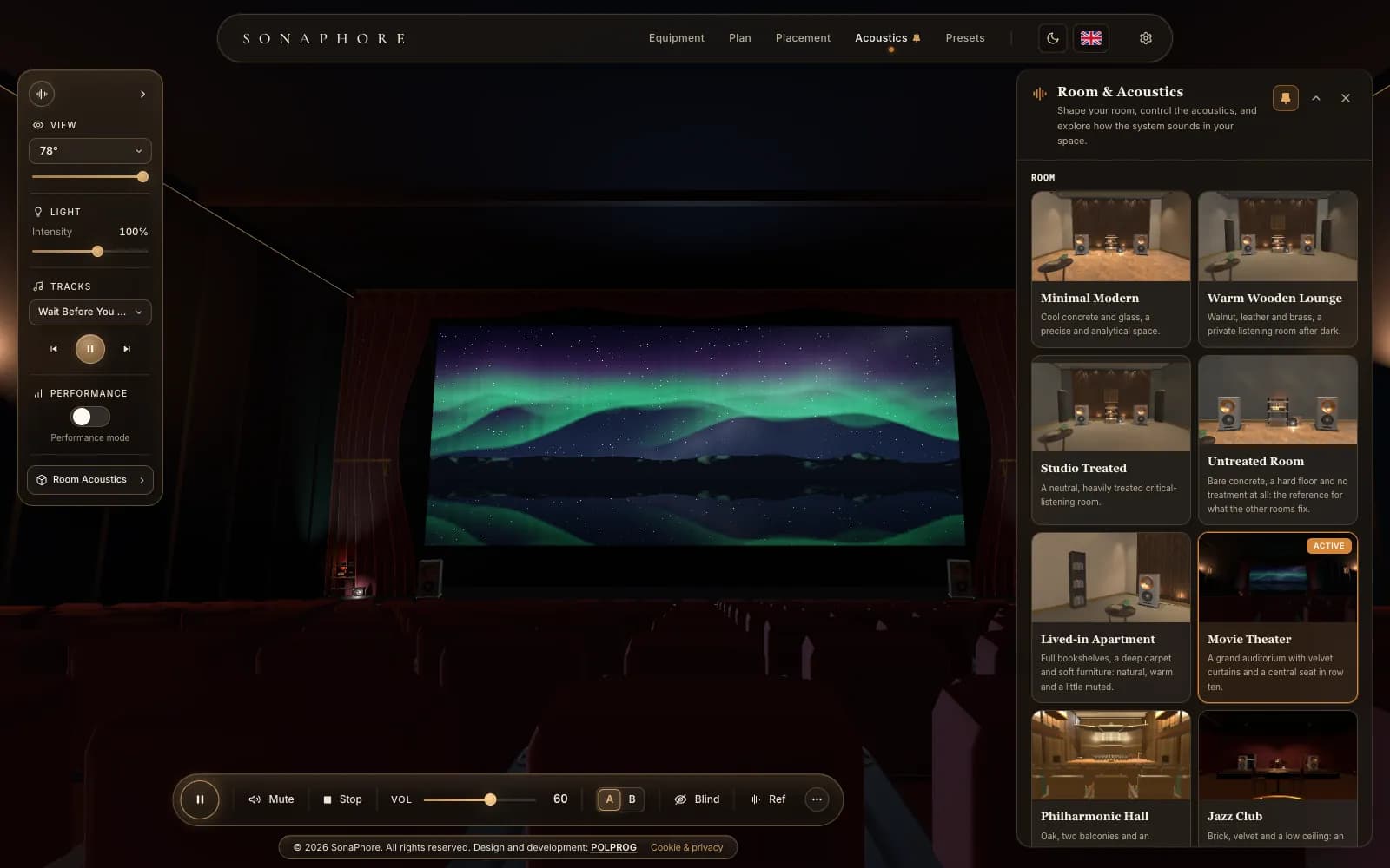 SonaPhore room acoustics panel with previews of the rooms to choose from.